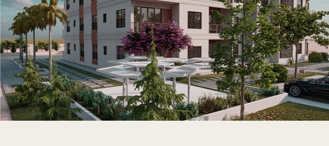 Residential landscape view with planted garden