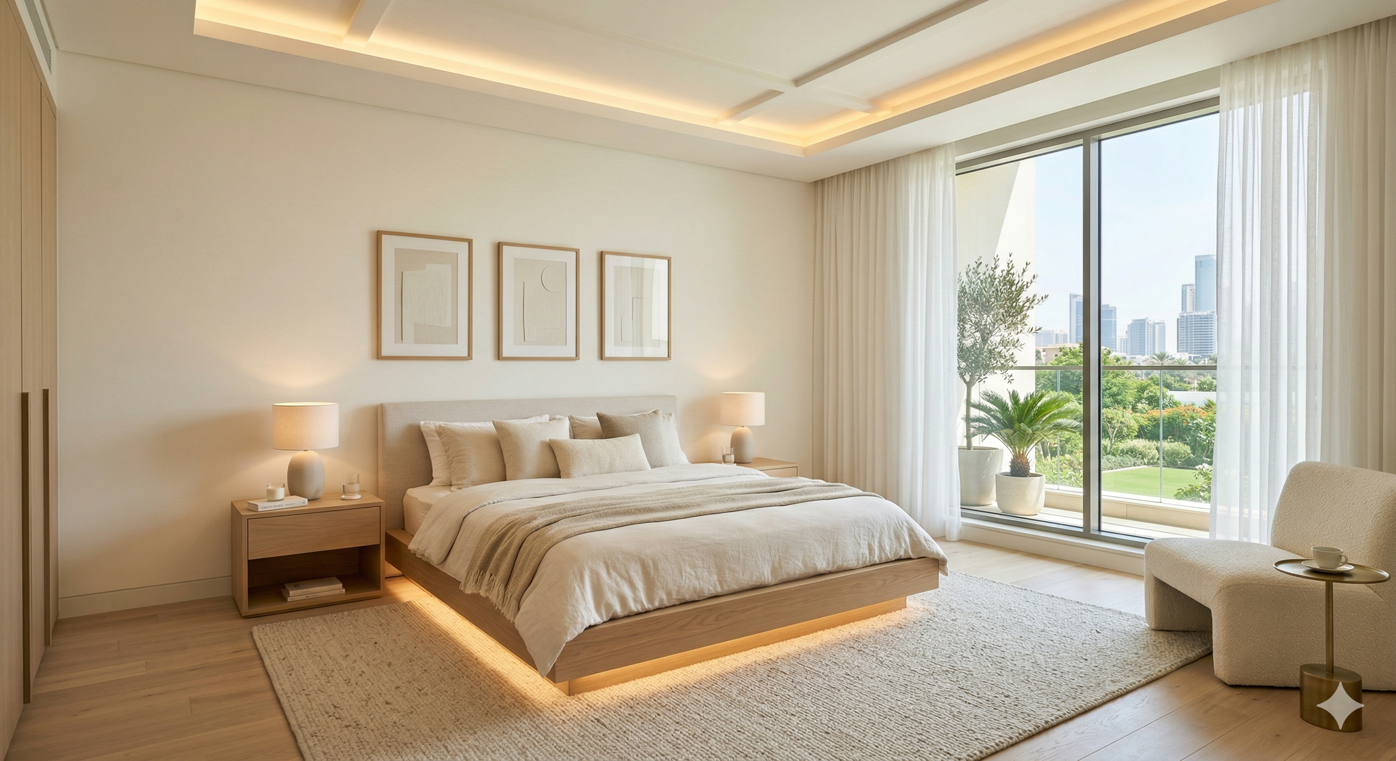 Modern neutral bedroom with warm cove lighting, wood furniture, sheer curtains, and balcony view